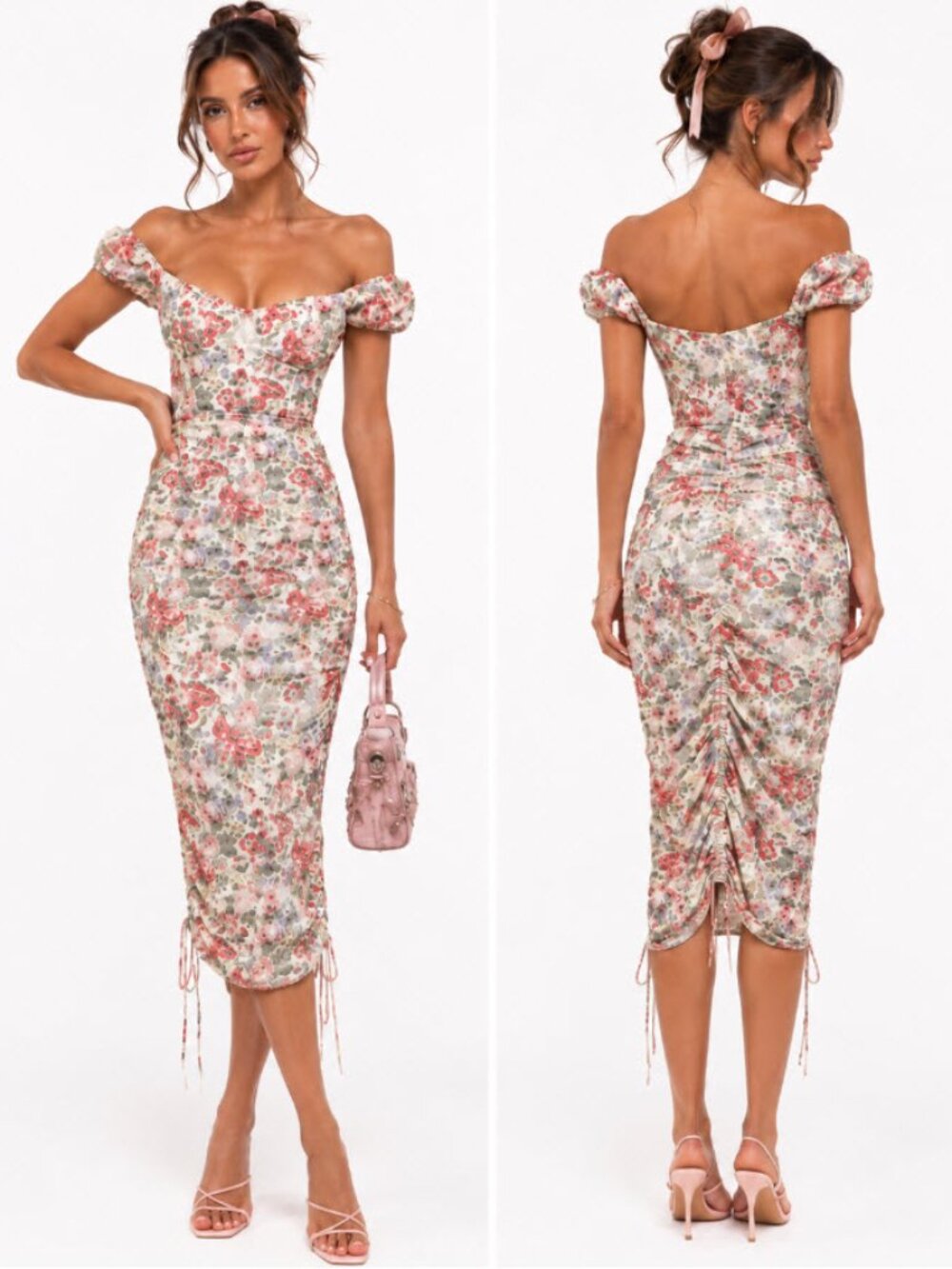 Off‑Shoulder Floral Midi Dress in Pink and Cream - Picture 1 of 16